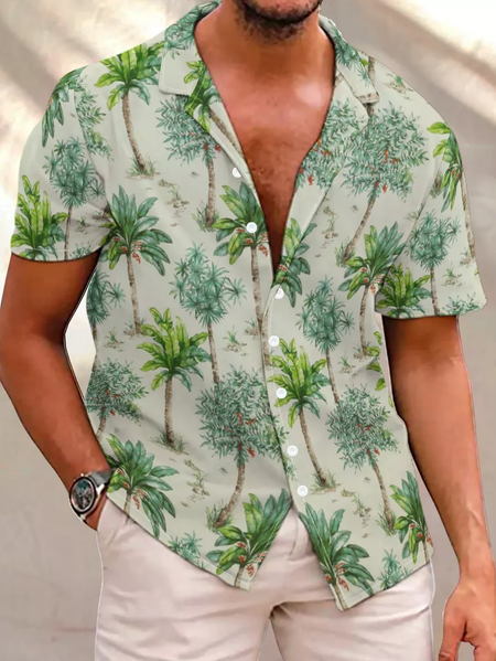 

Men’s Casual Short Sleeve Plants Print Hawaiian Shirt, As picture, Short Sleeves Shirts