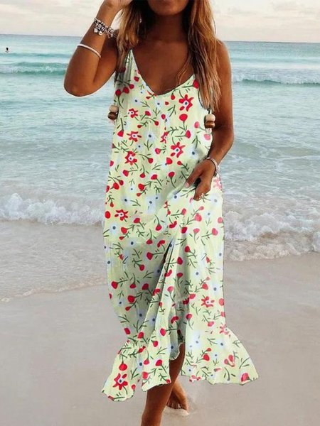 

Floral V Neck Casual Sleeveless Dresses, Multicolor, Midi Dresses