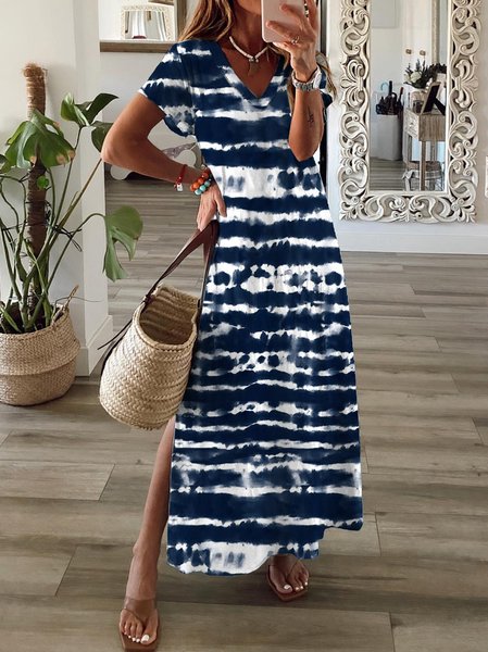 

Casual Striped V neck Loosen Short Sleeve Knit Dress, Blue, Maxi Dresses