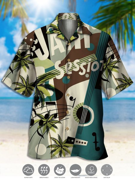 

Men's Music Guitar Print Casual Breathable Fabric Hawaiian Short Sleeve Shirt, Green, Men's Floral shirt