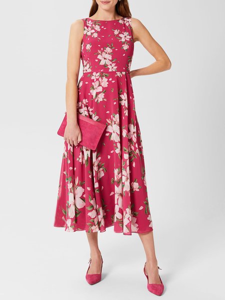 

Holiday Crew Neck Floral Sleeveless Dress, Deep pink, Maxi Dresses