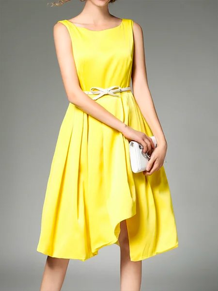 

Crew Neck Regular Fit Sleeveless Woven Dress, Yellow, Midi Dresses