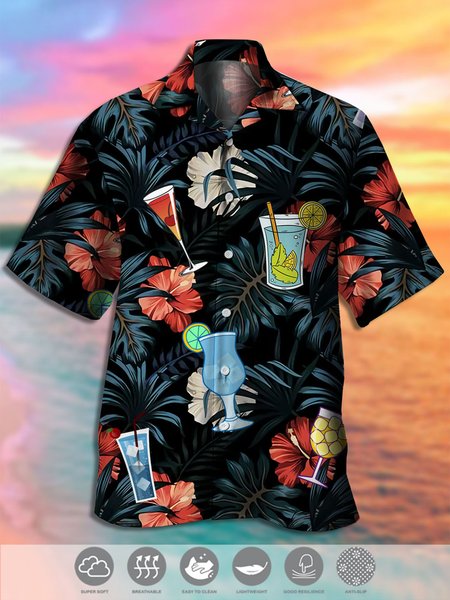 

Men's Ocean Print Casual Breathable Fabric Hawaiian Short Sleeve Shirt, Black, Men's Floral shirt