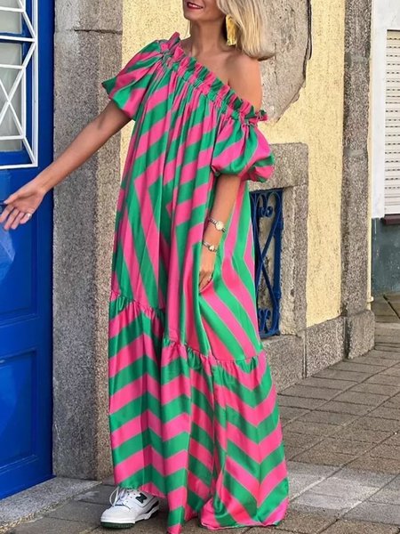 

Loosen Striped Vacation Long Sleeve Woven Dress, Deep pink, Maxi Dresses