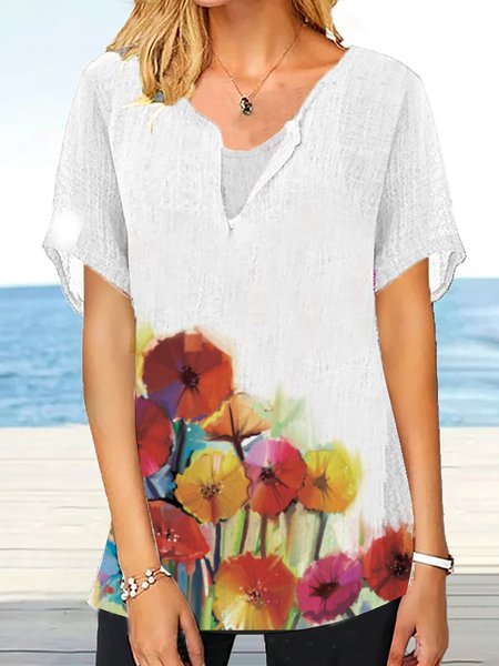 

Casual Floral Loosen Short Sleeve Tops, White, Tops