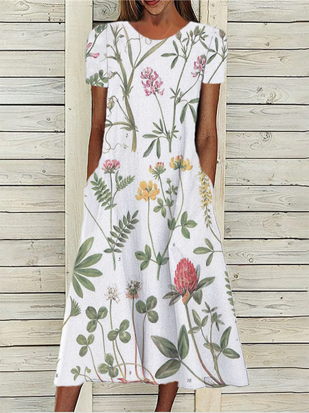 

Floral Crew Neck Casual Short Sleeve Woven Dress, As picture, Midi Dresses