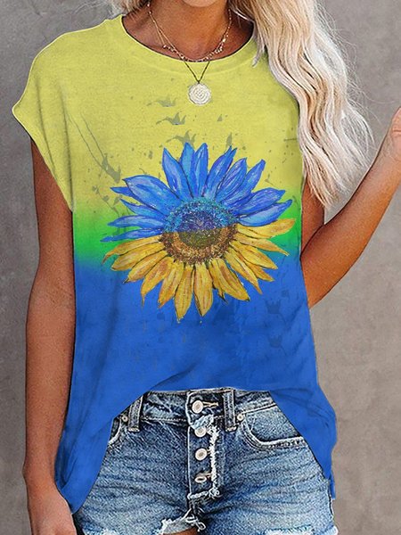 

Crew Neck Loosen Floral Short Sleeve T-Shirt, As picture, T-Shirts