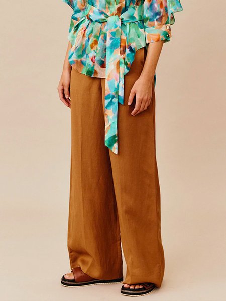 

Mid Waist Long Simple Daily Regular Fit Pants, Brown, Wide Leg Pants