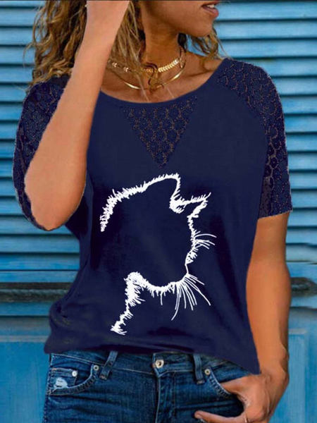 Round Neck Regular Fit Animal Short Sleeve T-Shirt, Blue, Tops