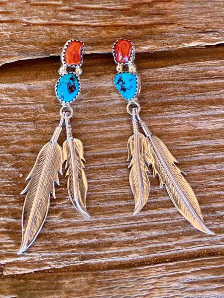 

JFN Boho Vintage Feather Turquoise Earrings, Silver, Earrings