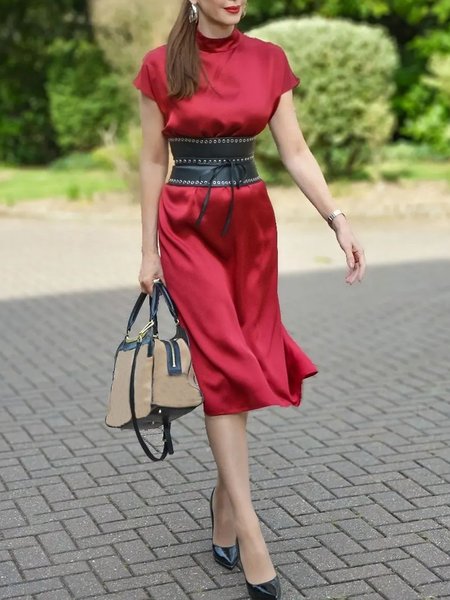 

Regular Fit Elegant Solid Short Sleeve Woven Dress, Red, Midi Dresses