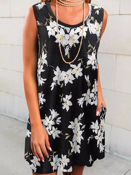 

Floral Casual Sleeveless Knitting Dresses, Black, Dresses