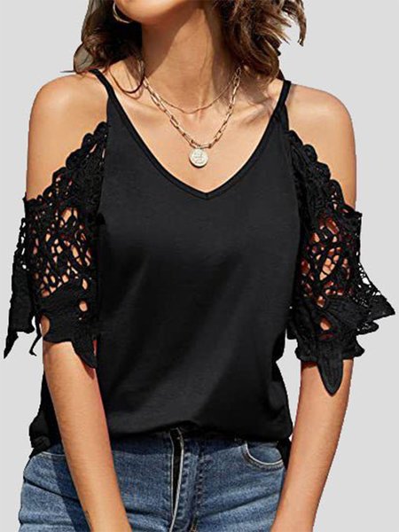 

Lace Plain V Neck Woven, Black, Shirts & Blouses