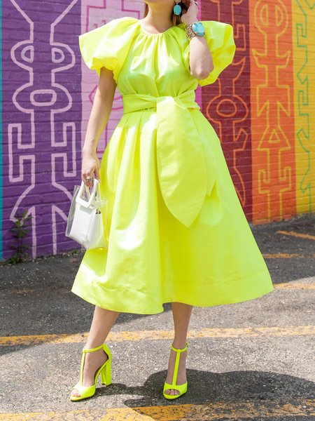

Vacation Crew Neck Solid Short Sleeve Woven Dress, Yellow, Maxi Dresses