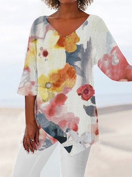 

Watercolor Floral Design Irregular Hem Top, White, Tops
