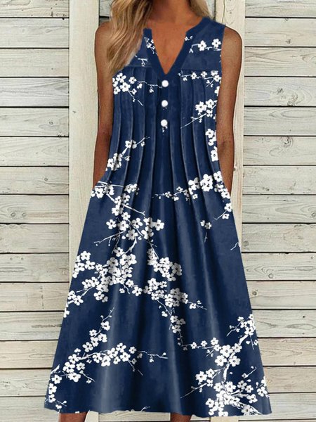

V Neck Casual Sleeveless Floral Dresses, Navyblue, Midi Dresses
