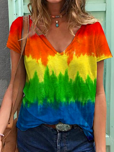 

Ombre V Neck Vacation Short Sleeve T-Shirt, Multicolor, Tops
