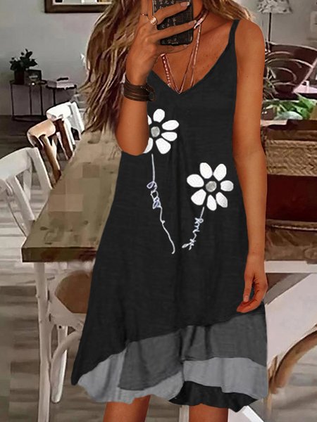 Regular Fit Vintage Sleeveless Woven Dresses, Black, Mini Dresses