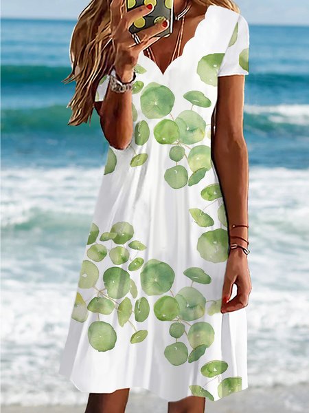 

V Neck Regular Fit Basics Short Sleeve Knit Dress, White, Mini Dresses