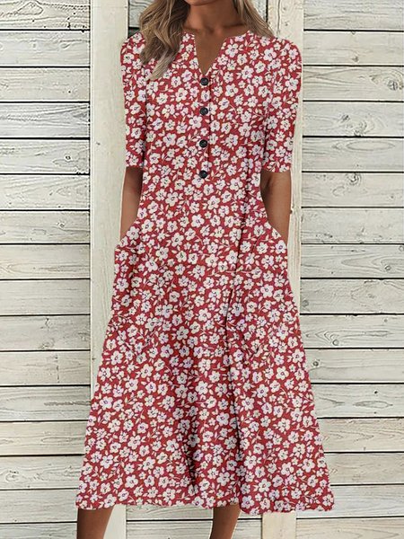 

Floral Half Sleeve Buttoned Plus Size Casual Woven Dress, Red, Midi Dresses