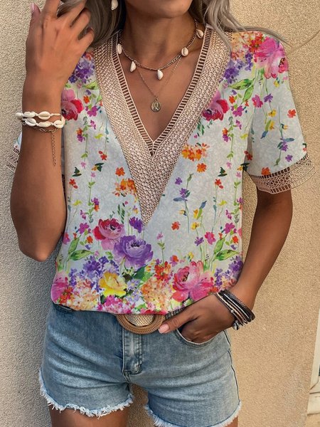 

Vacation Floral V Neck Short Sleeve Tops Loosen, Red, Tops