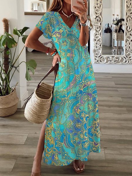

Women's Short Sleeve Summer Paisley Jersey Dress V Neck Daily Going Out Casual H-Line T-Shirt Dress, Green, Dresses