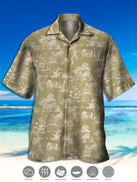

Men's Vintage Coconut Tree Print Casual Breathable Hawaiian Short Sleeve Shirt, Khaki, Men's Floral shirt