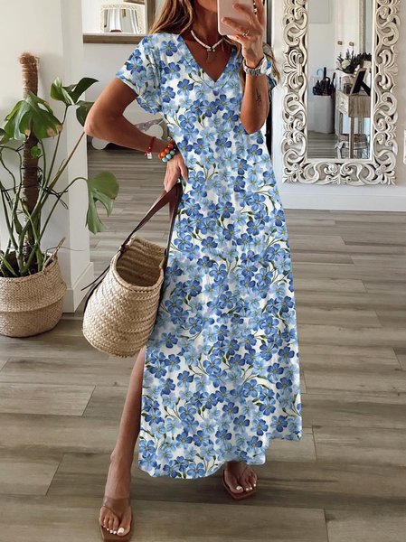 Casual Floral Loosen V Neck Short Sleeve Knit Dress, Blue, Maxi Dresses