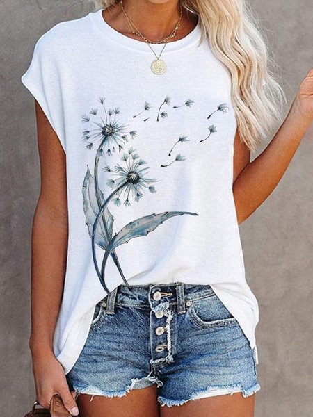 

Casual Dandelion Printed Short Sleeve Round Neck Top Tunic T-Shirt, White, T-shirts