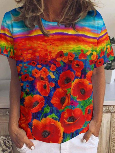 

Womens Flower Art Print Casual Short Sleeve T-Shirt, As picture, T-shirts