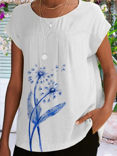 

Dandelion Printed Casual Loose Raglan Sleeve Round Neck Tops, White, Tunics