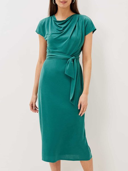 

Elegant Cowl Neck Short Sleeve Solid Dress, Aqua blue, Midi Dresses