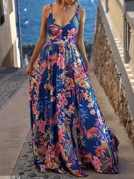 

V Neck Vacation Sleeveless Floral Maxi Dress, Blue, Maxi Dresses
