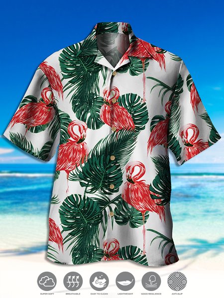 

Men's Vintage Palm Leaf Flamingo Print Casual Breathable Hawaiian Short Sleeve Shirt, Green, Men's Floral shirt