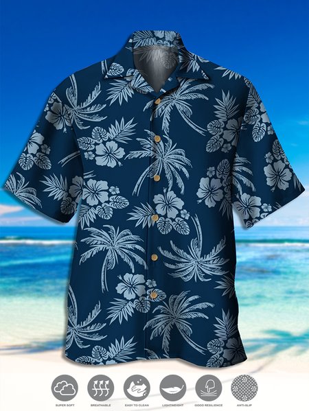 

Men's Vintage Hibiscus Coconut Tree Print Casual Breathable Hawaiian Short Sleeve Shirt, Blue, Men's Floral shirt