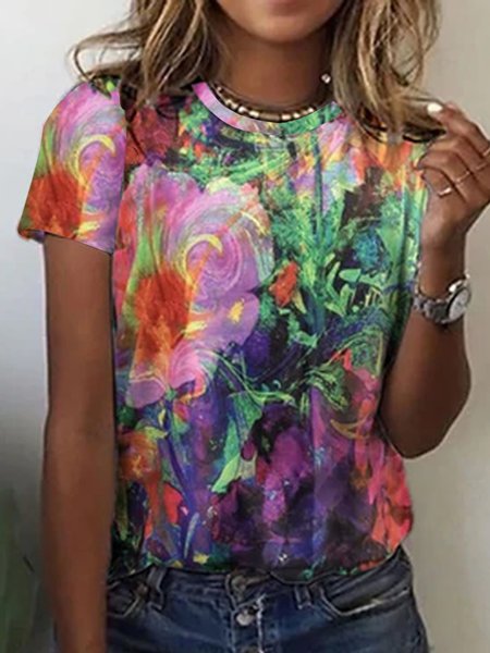 

Casual Crew Neck Floral Short Sleeve T-Shirt, Green, T-Shirts