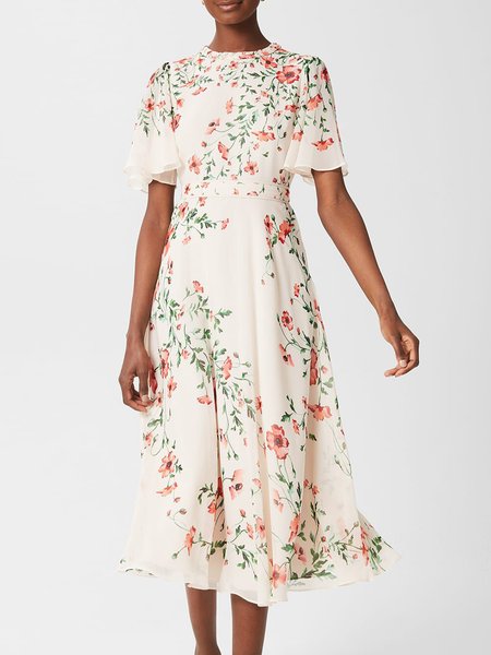 

Vacation Crew Neck Printed Short Sleeve Dress, Off white, Maxi Dresses