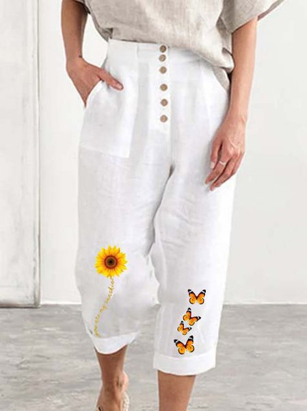 

Floral Linen Casual Pants, White, Bottoms
