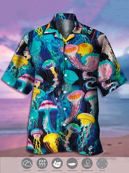 

Mens Jellyfish Print Hydrocool Fabric Quick Dry Casual Breathable Short Sleeve Shirt, Blue, Men's Floral shirt