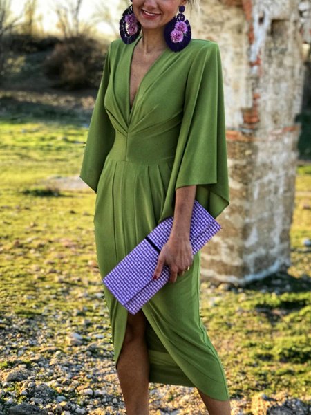 

V Neck Regular Fit Plain Short Sleeve Knit Midi Dress, Green, Maxi Dresses