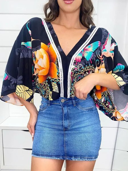 

Loosen Casual V Neck Short Sleeve Tops, Black, Tops