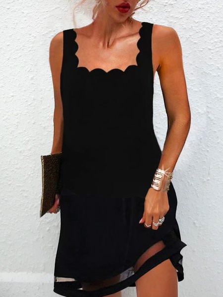 

Square Neck Short Sleeve Knit Dress, Black, Mini Dresses