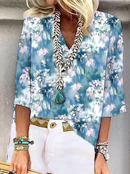 

Floral Casual V neck Regular Fit Short Sleeve Tops, Blue, Shirts & Blouses