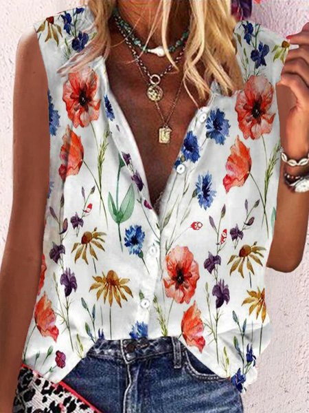 

Boho Floral Buttoned Sleeveless Loosen Blouse, Flower, Blouses & Shirts