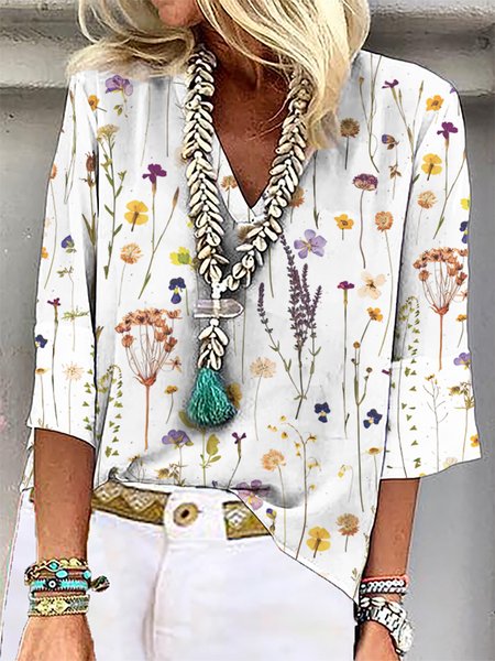 

Casual V Neck Floral Short Sleeve Tops, As picture, Tops