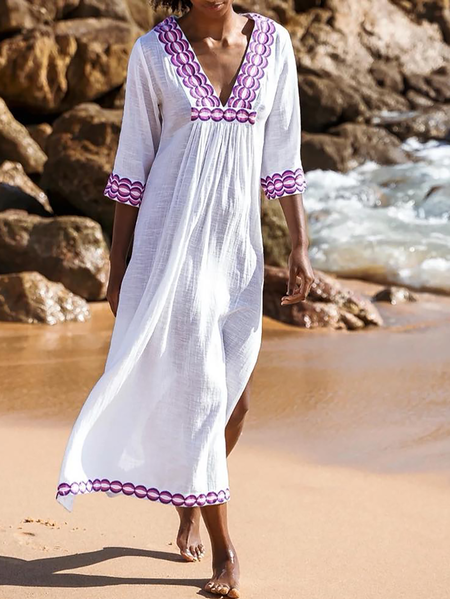 

Plus size V Neck Casual Dress, White, Maxi Dresses