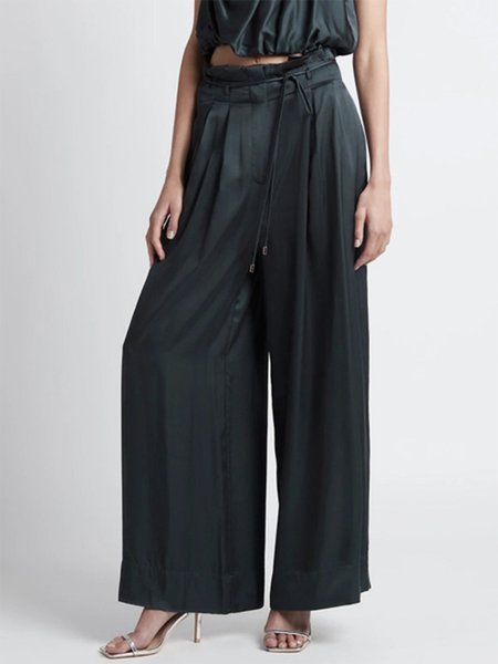 

Elegant Solid Regular Fit Pants, Black, Wide Leg Pants