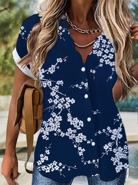 

Casual Floral V neck Short Sleeve Loosen Blouse, Blue, Blouses & Shirts