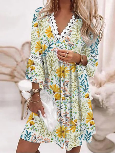 

Loosen Floral Romantic Short Sleeve Woven Dress, Yellow, Mini Dresses