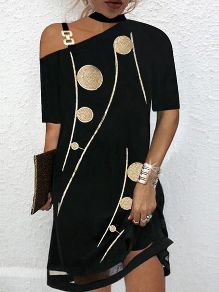 

Geometric Casual One Shoulder Loosen Short Sleeve A-line Dress, Black, Mini Dresses